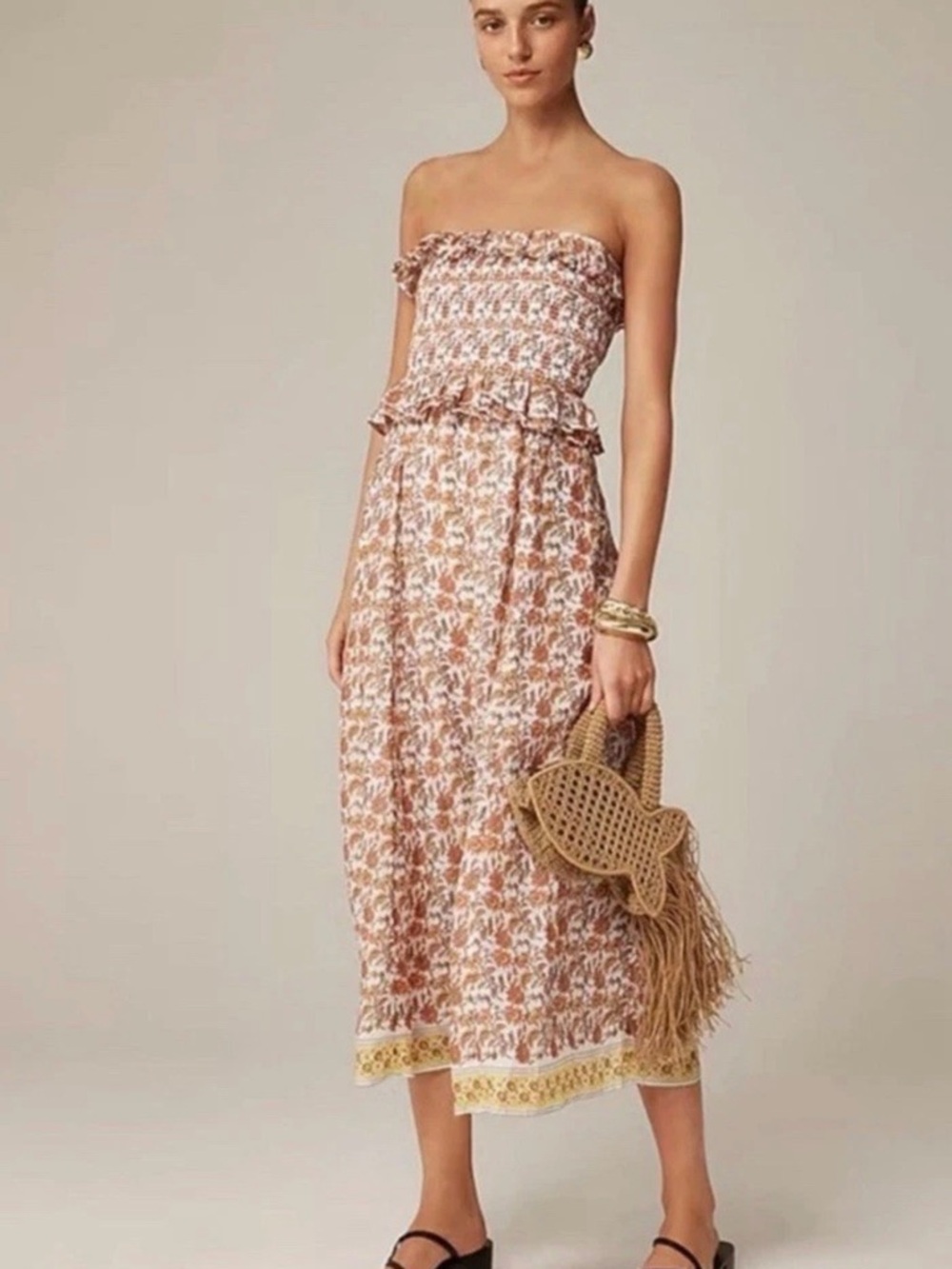 J. Crew Strapless Ravenna Floral Midi Dress in Beige and White
